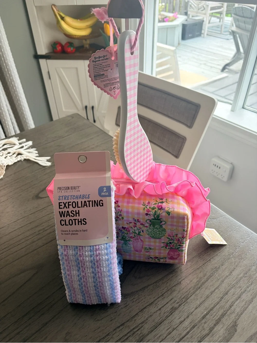 Pink Floral Cosmetic Bag with Ruffle Trim, Exfoliating Cloths, Dry Brush
